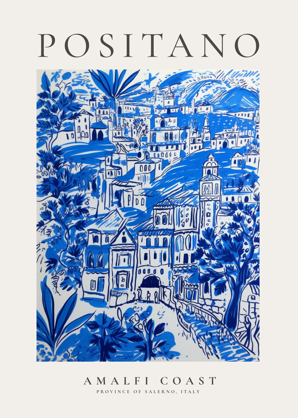 Plakát města Positano modrá ilustrace