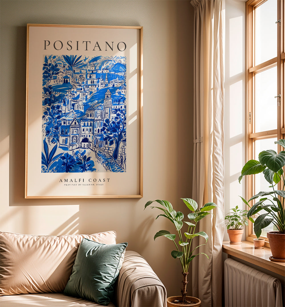 Plakát města Positano modrá ilustrace