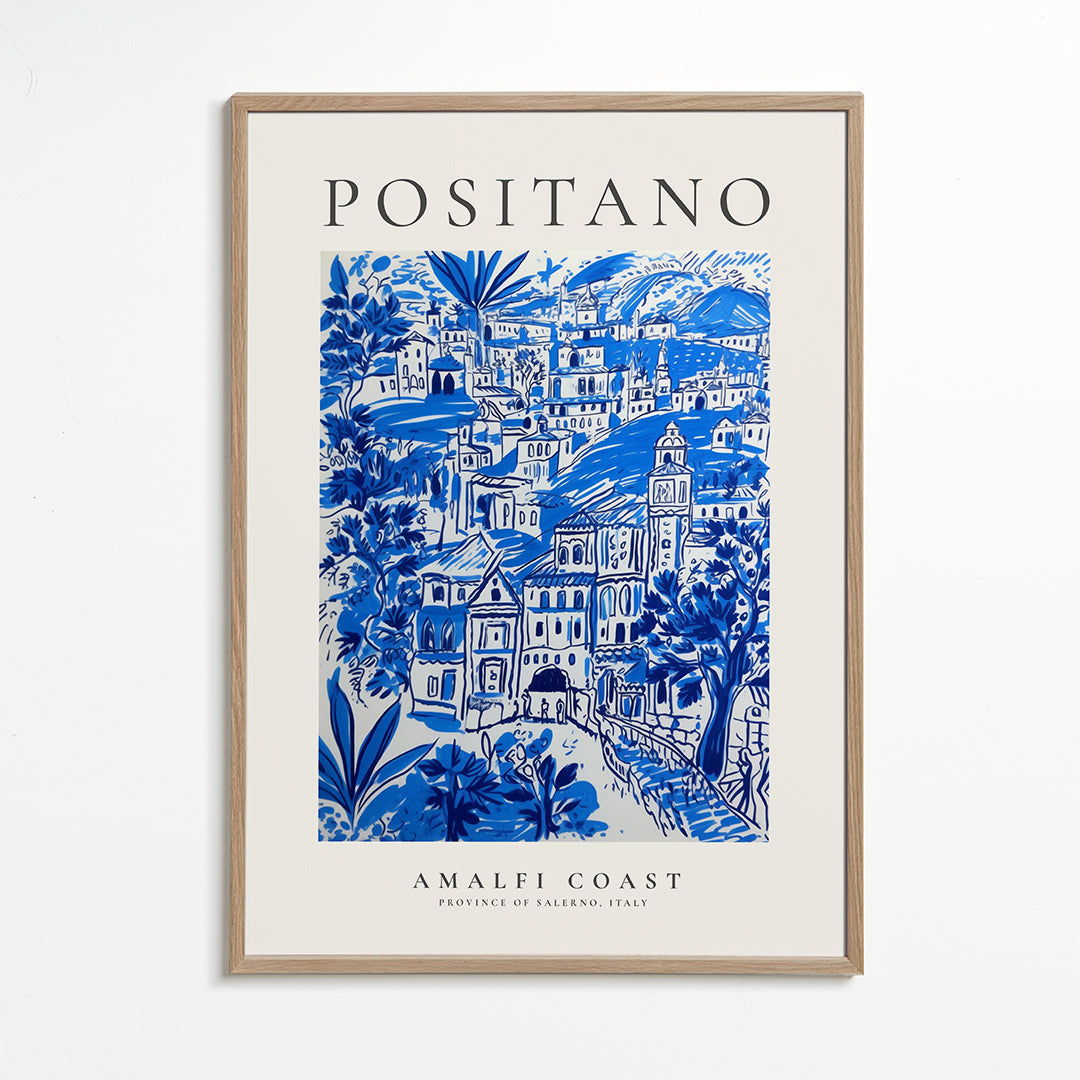Plakát města Positano modrá ilustrace