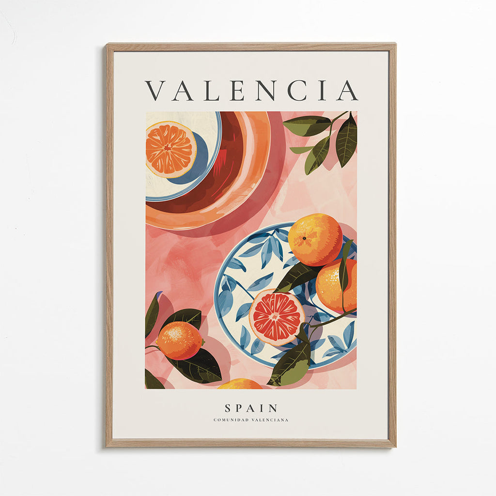 Plakát cestování: Valencie s pomeranči a talířem
