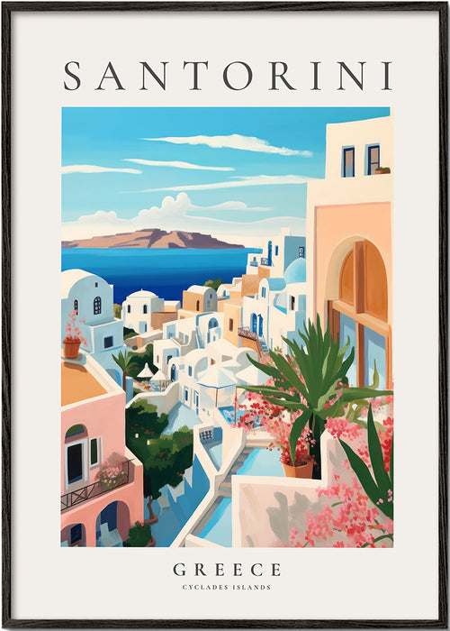 Plakát cestování Santorini pobřežní výhled