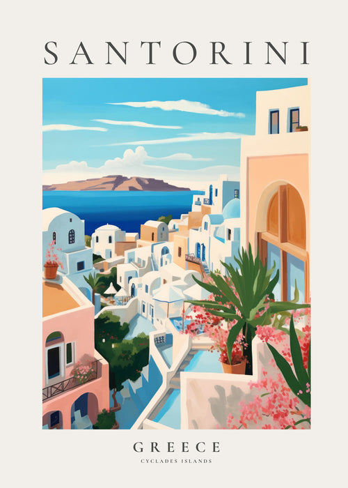 Plakát cestování Santorini pobřežní výhled