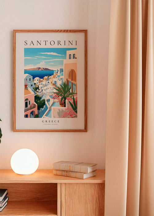 Plakát cestování Santorini pobřežní výhled