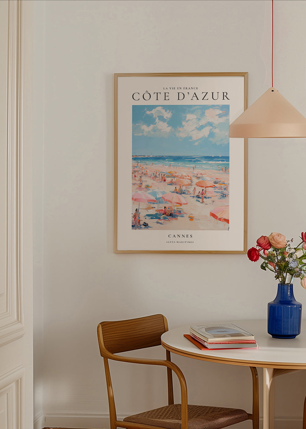 Plakát cestování Côte d'Azur: ilustrovaná pláž v Cannes