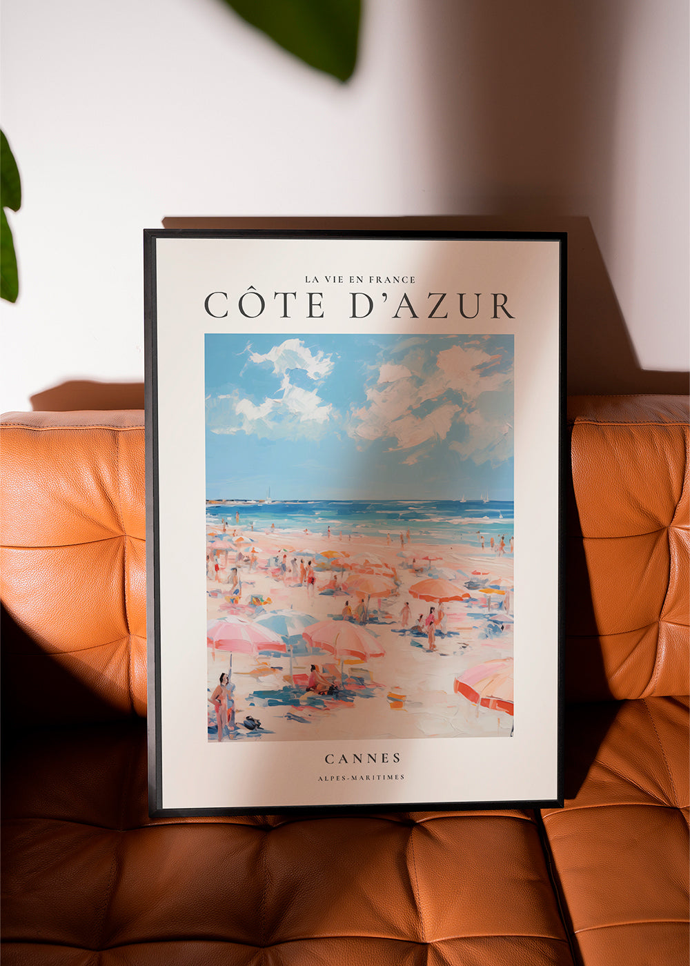 Plakát cestování Côte d'Azur: ilustrovaná pláž v Cannes