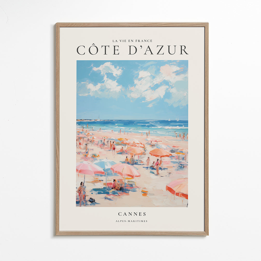 Plakát cestování Côte d'Azur: ilustrovaná pláž v Cannes