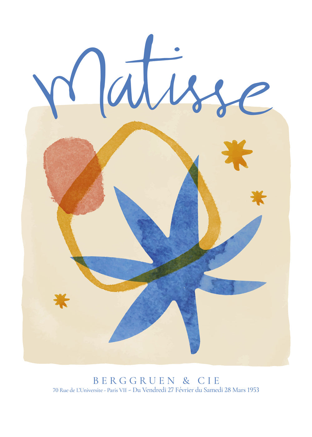 Botanická ilustrace v modrých a okrových tónech
