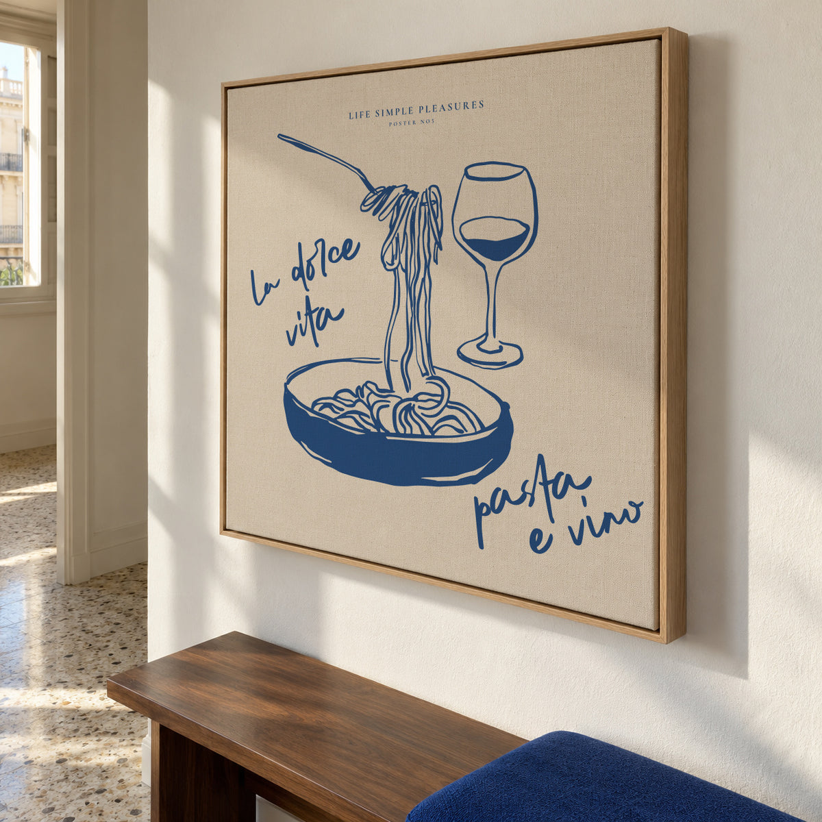 Life Simple simple pleasures - La Dolce Vita, Pasta e vino - SQUARE - Framed canvas in an interior