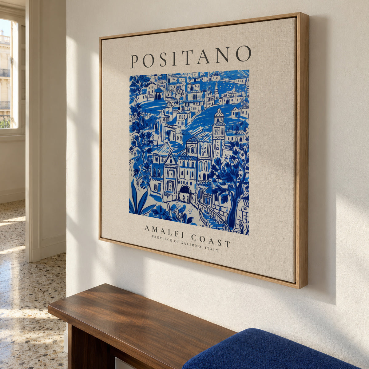 Positano, Amalfi Coast - SQUARE - Framed canvas in an interior