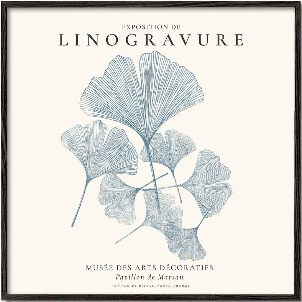 Botanický tisk Ginkgo linoryt modrý