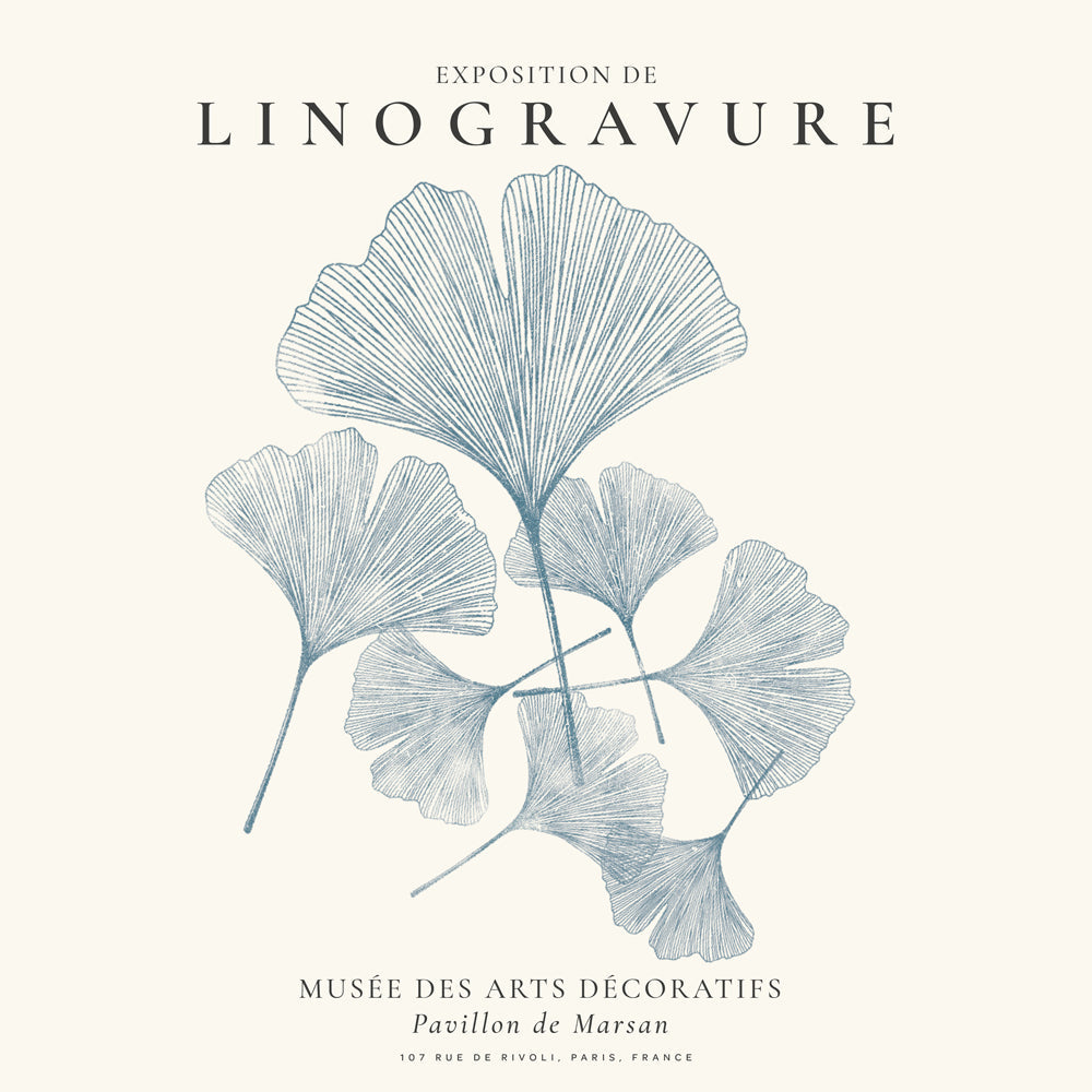 Botanický tisk Ginkgo linoryt modrý
