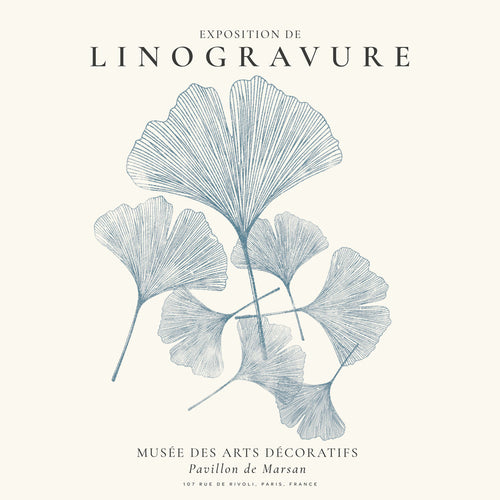 Botanický tisk Ginkgo linoryt modrý