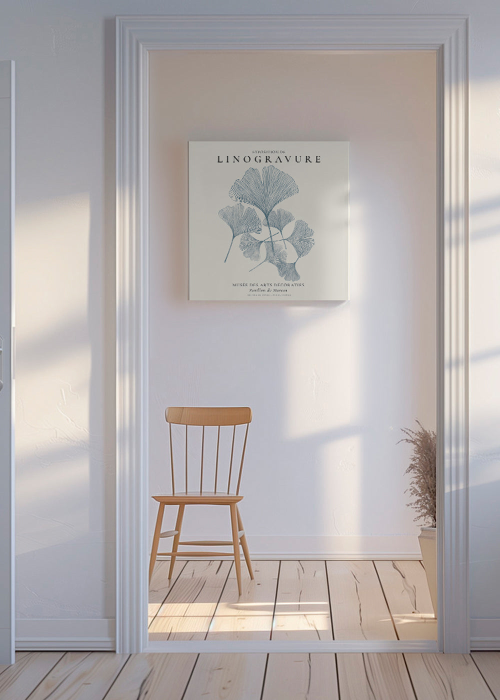 Botanický tisk Ginkgo linoryt modrý