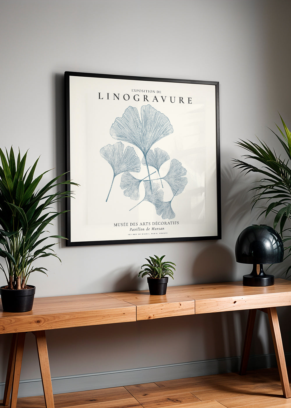 Botanický tisk Ginkgo linoryt modrý