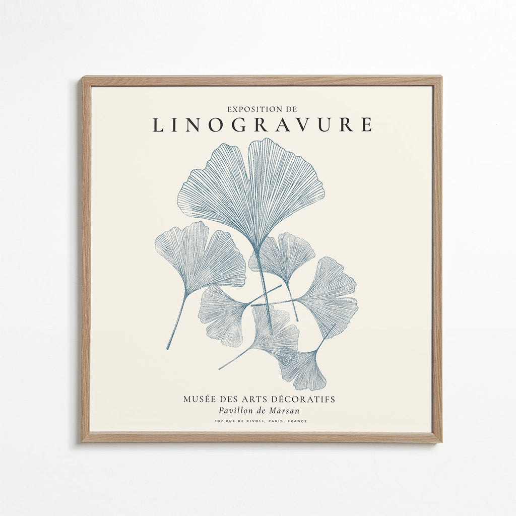 Botanický tisk Ginkgo linoryt modrý