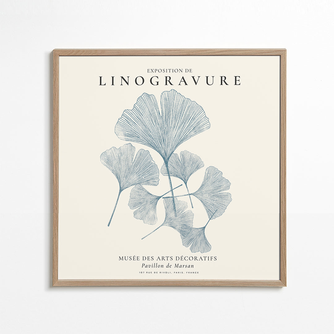 Botanický tisk Ginkgo linoryt modrý