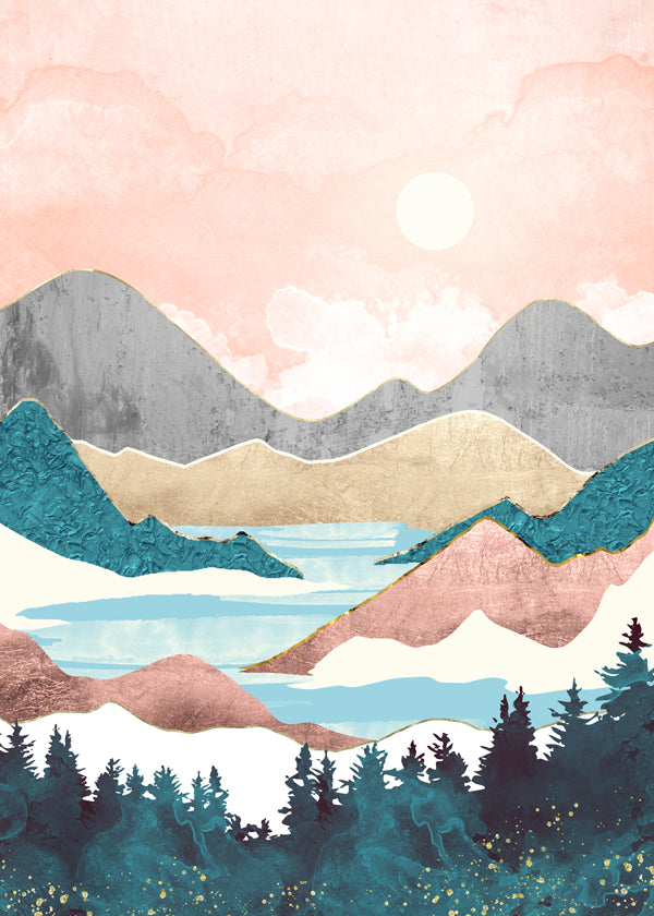Krajinářské umění: ilustrace jezera při východu slunce