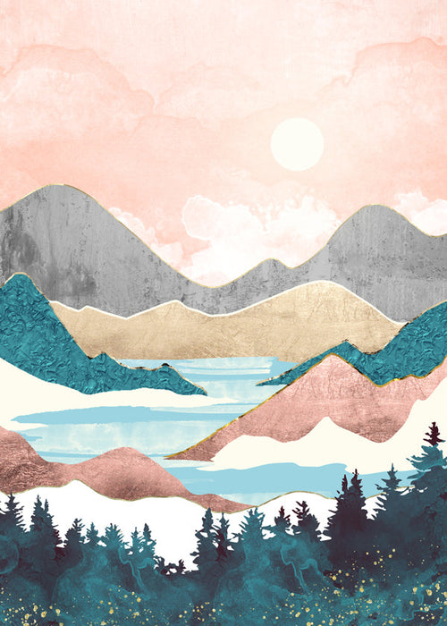 Krajinářské umění: ilustrace jezera při východu slunce