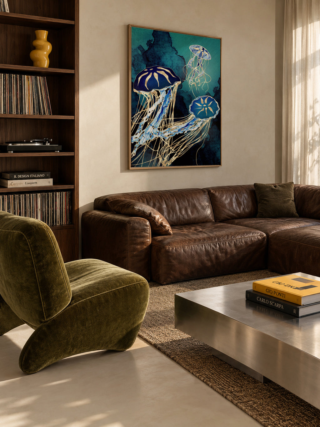 Metallic Jellyfish III - Framed canvas in an interior