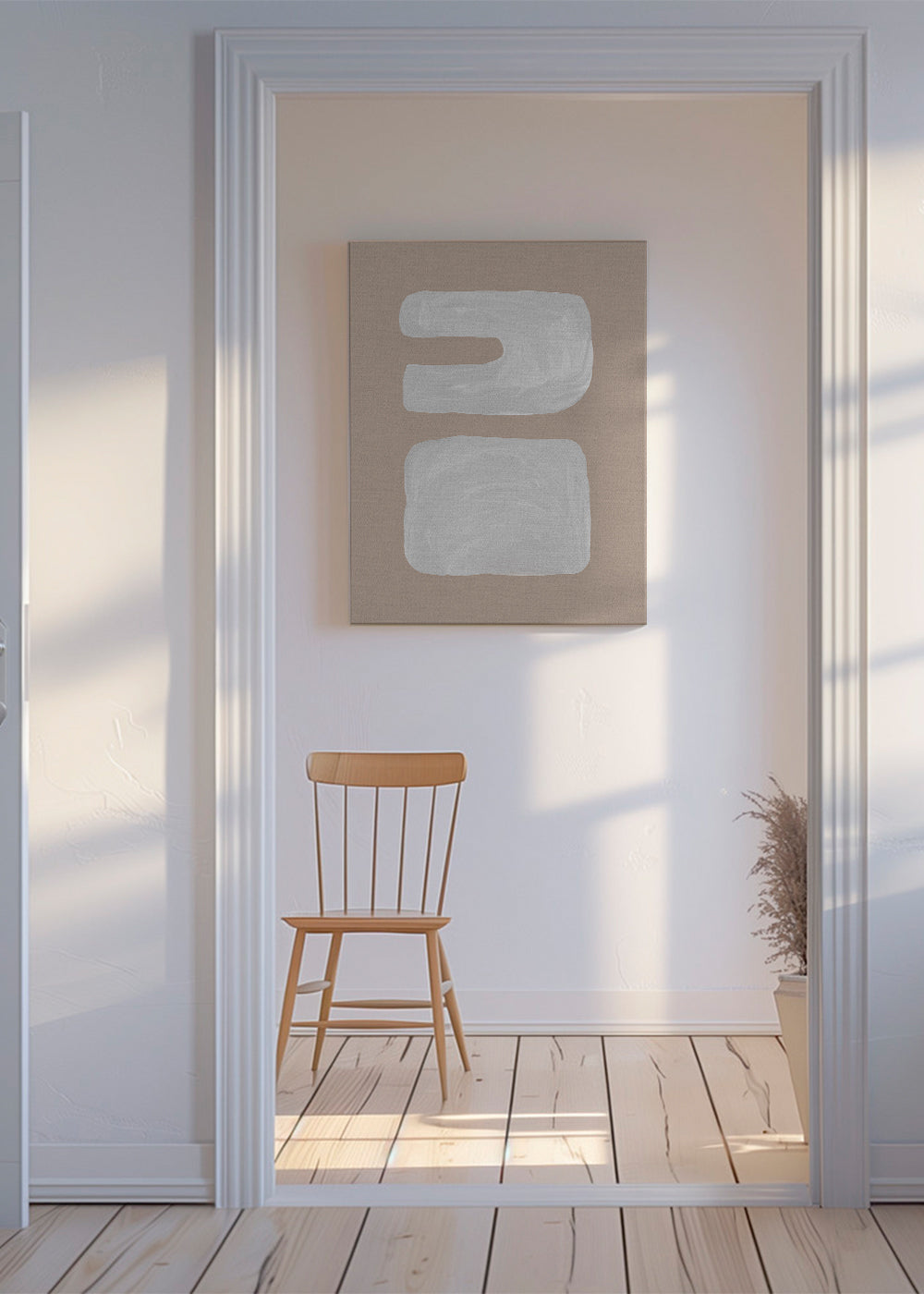 Minimalistické dílo se dvěma bílými tvary