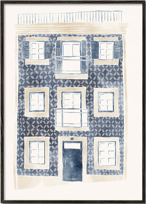 Ilustrace modré fasády s balkony – Black Frame