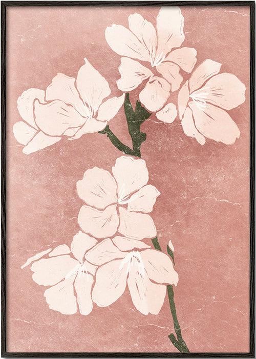 Botanický plakát růžové květy s vintage strukturou – Black Frame