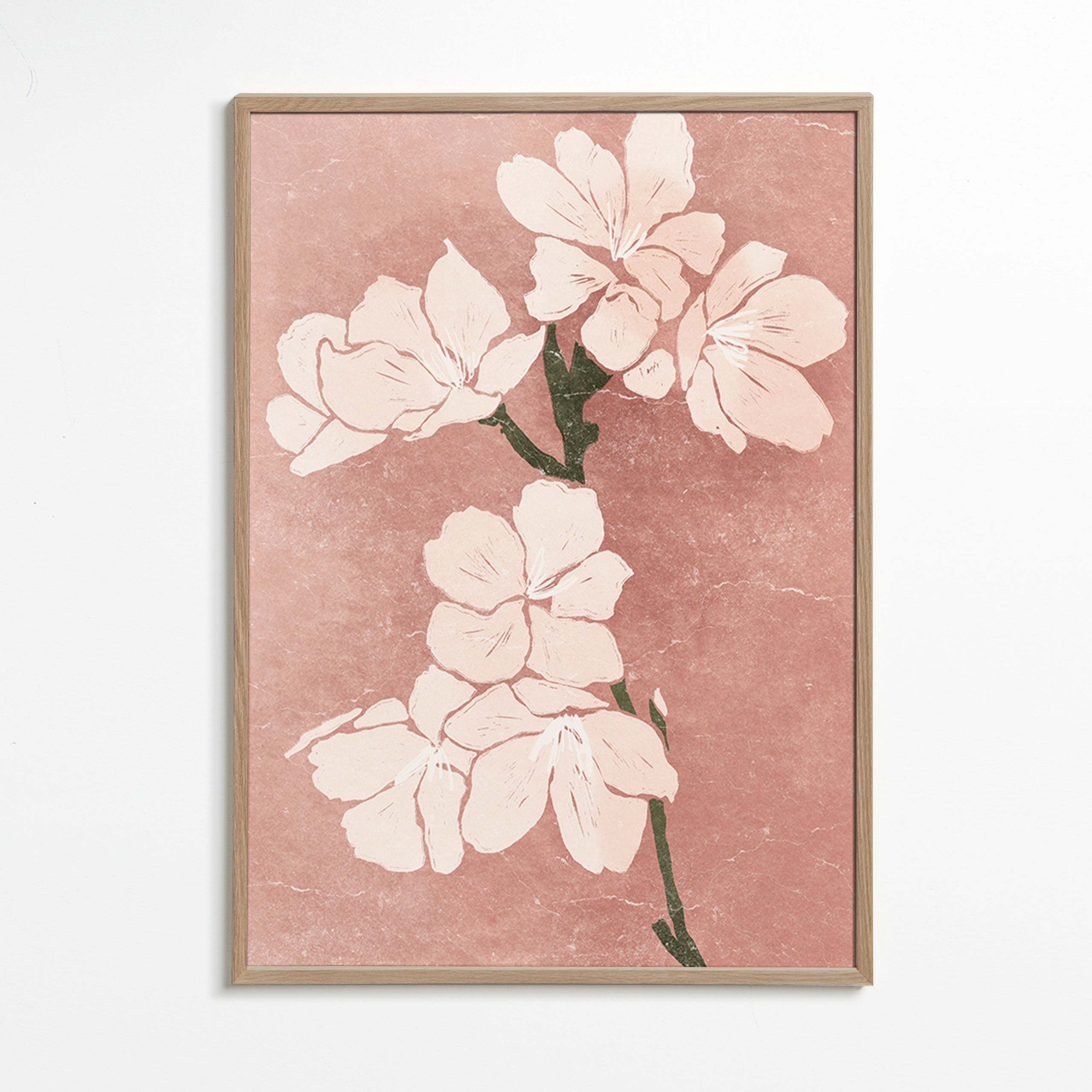 Botanický plakát růžové květy s vintage strukturou – Oak Frame