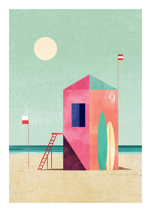 Ilustrace surfovací kabiny v pastelových tónech