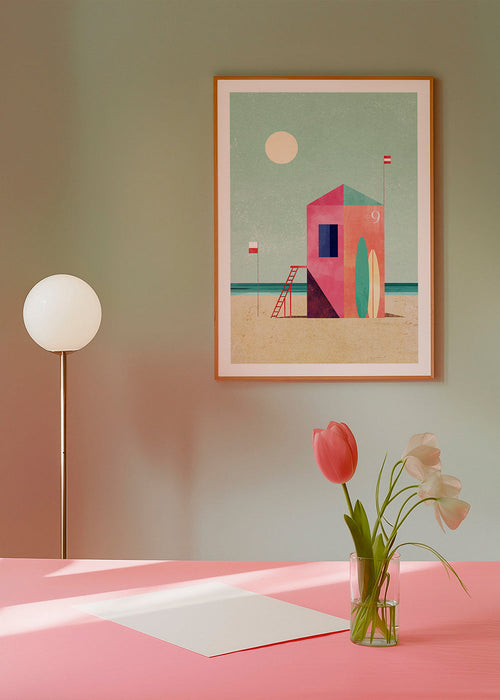 Ilustrace surfovací kabiny v pastelových tónech