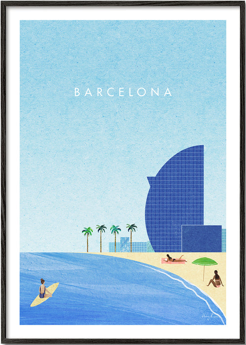 Plakát cestování Barcelona pláž ilustrované