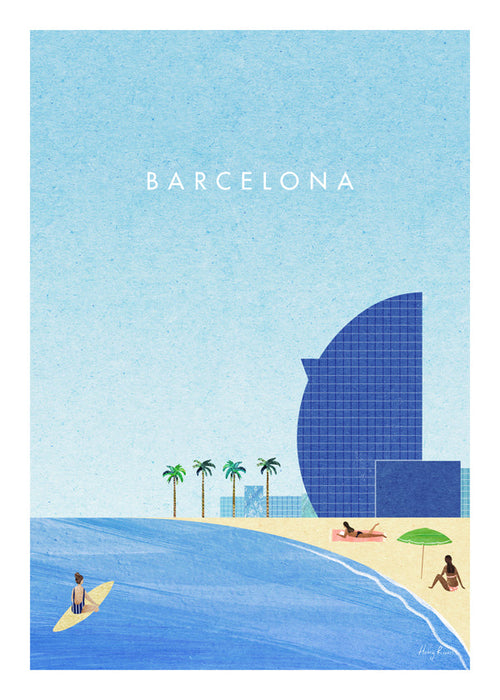 Plakát cestování Barcelona pláž ilustrované