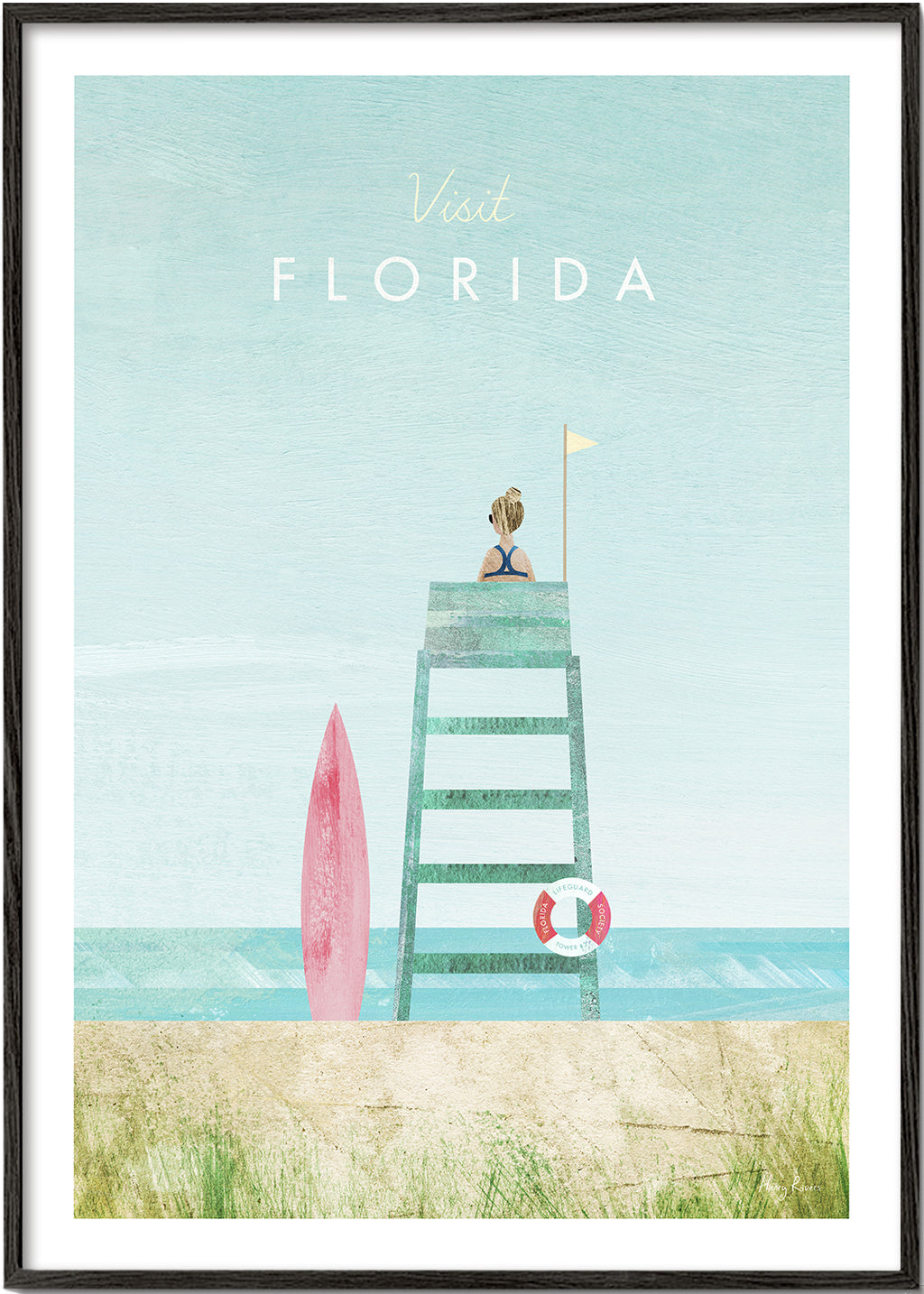 Ilustrace pláže Florida s hlídkovou věží a prknem