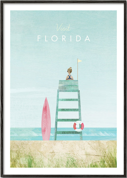 Ilustrace pláže Florida s hlídkovou věží a prknem