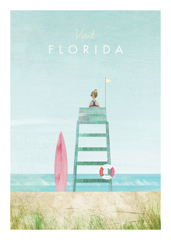 Ilustrace pláže Florida s hlídkovou věží a prknem