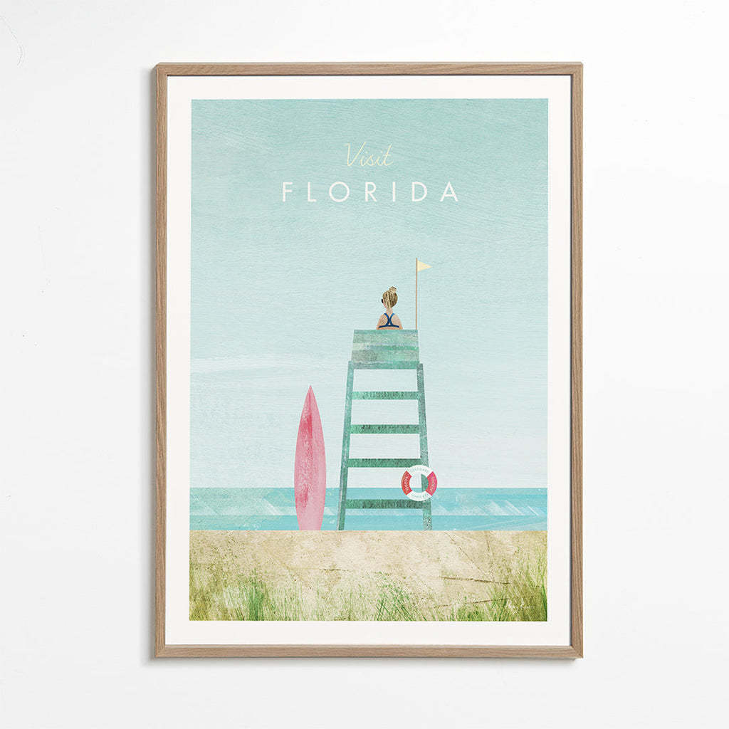 Ilustrace pláže Florida s hlídkovou věží a prknem