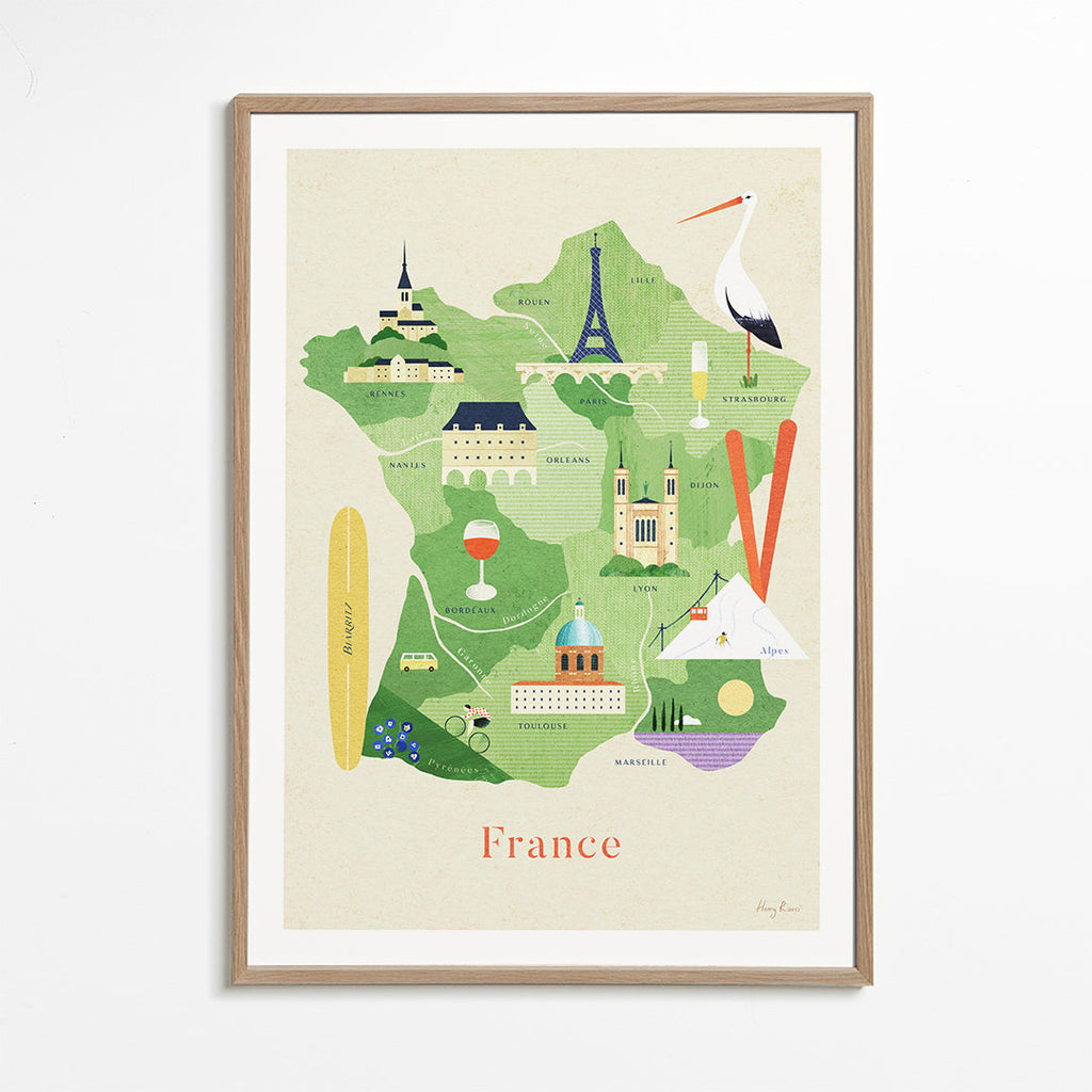 Cestovatelský plakát Ilustrovaná mapa Francie