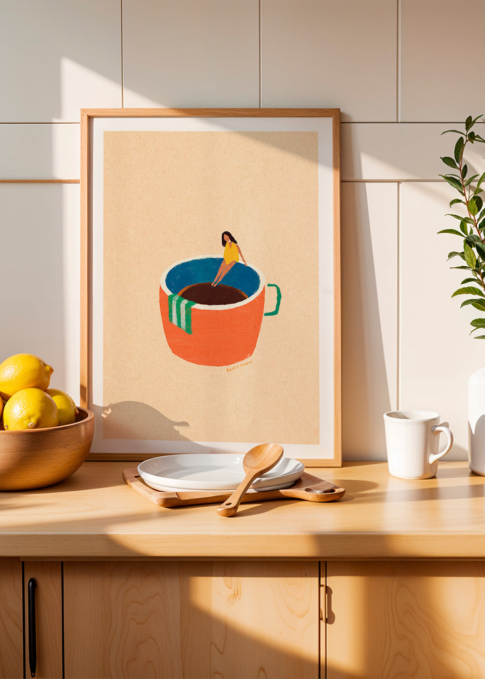 Obraz do kuchyně s ilustrovaným šálkem kávy a postavou – Product1
