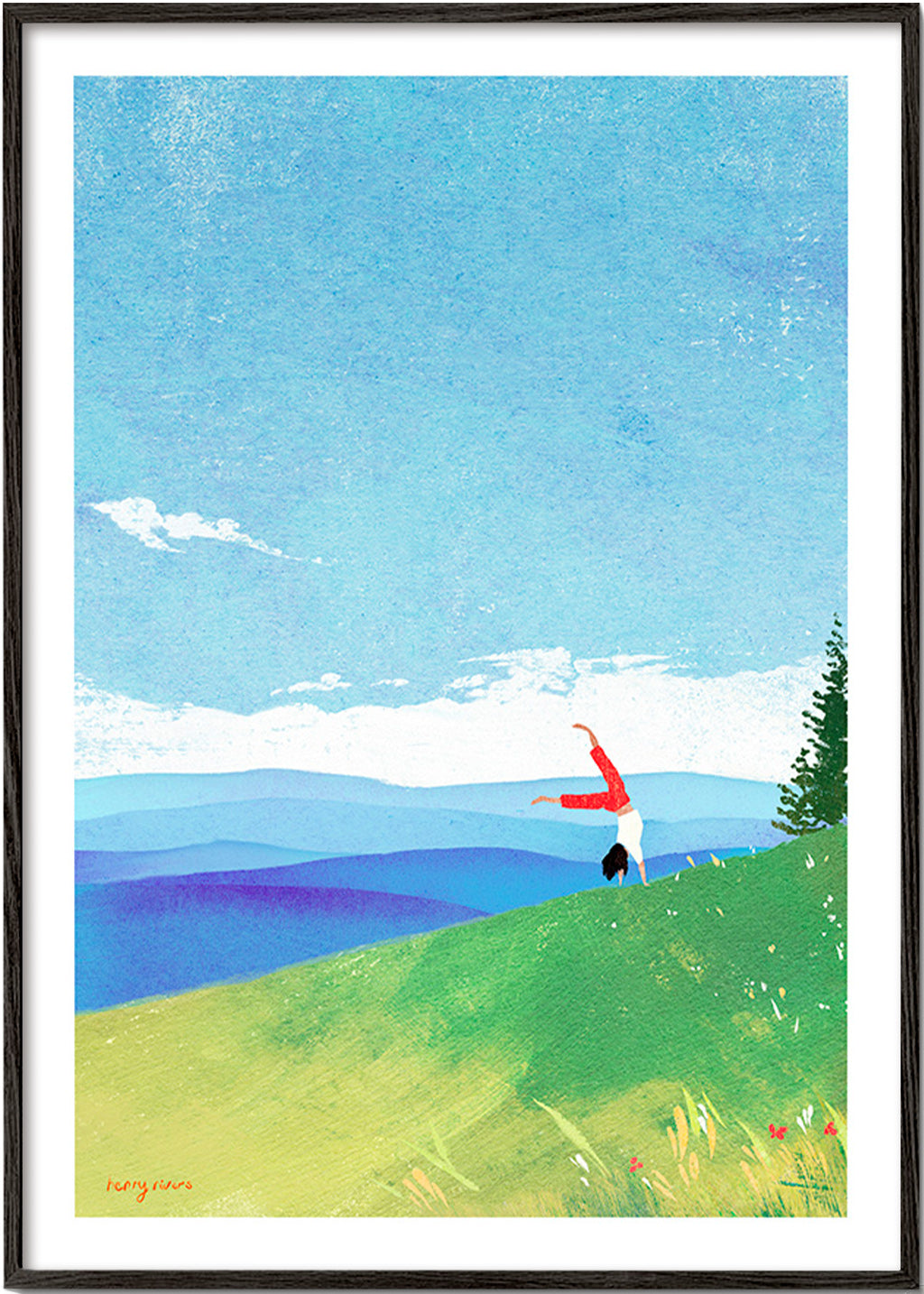 Krajinný obraz s postavou v rovnováze na kopci – Black Frame
