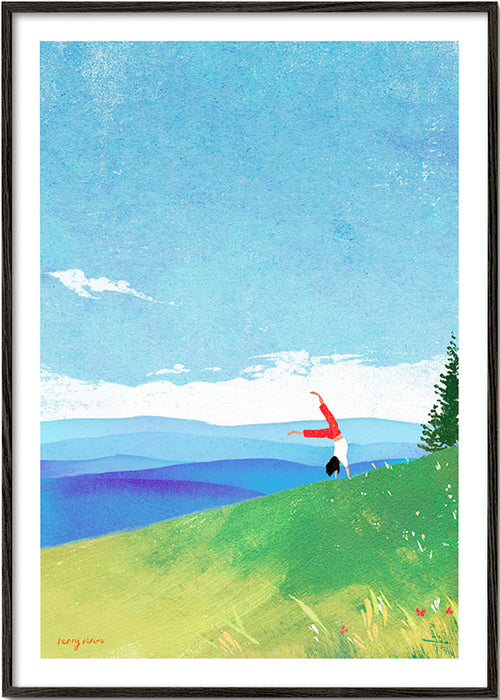 Krajinný obraz s postavou v rovnováze na kopci – Black Frame