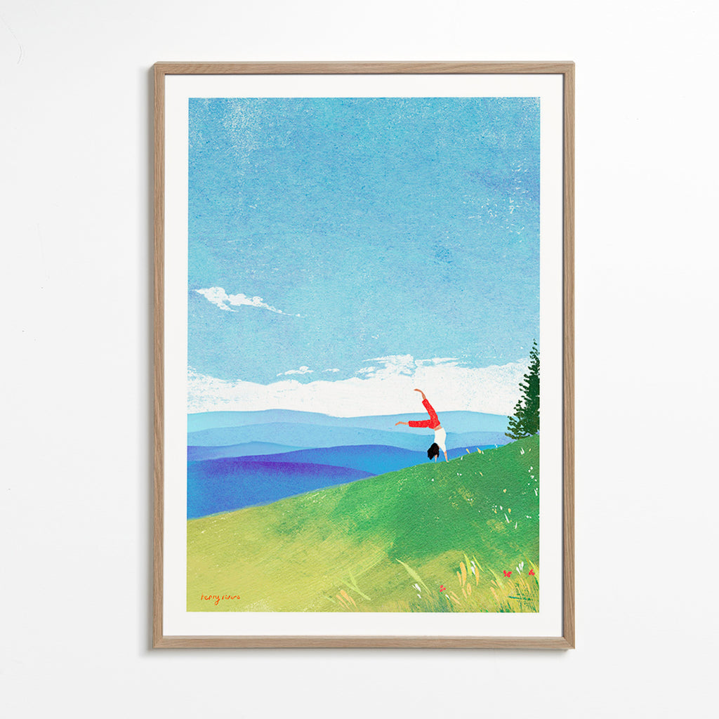 Krajinný obraz s postavou v rovnováze na kopci – Oak Frame