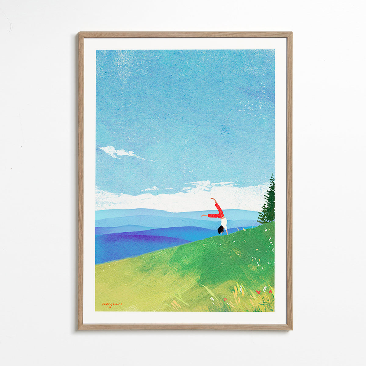 Krajinný obraz s postavou v rovnováze na kopci – Oak Frame