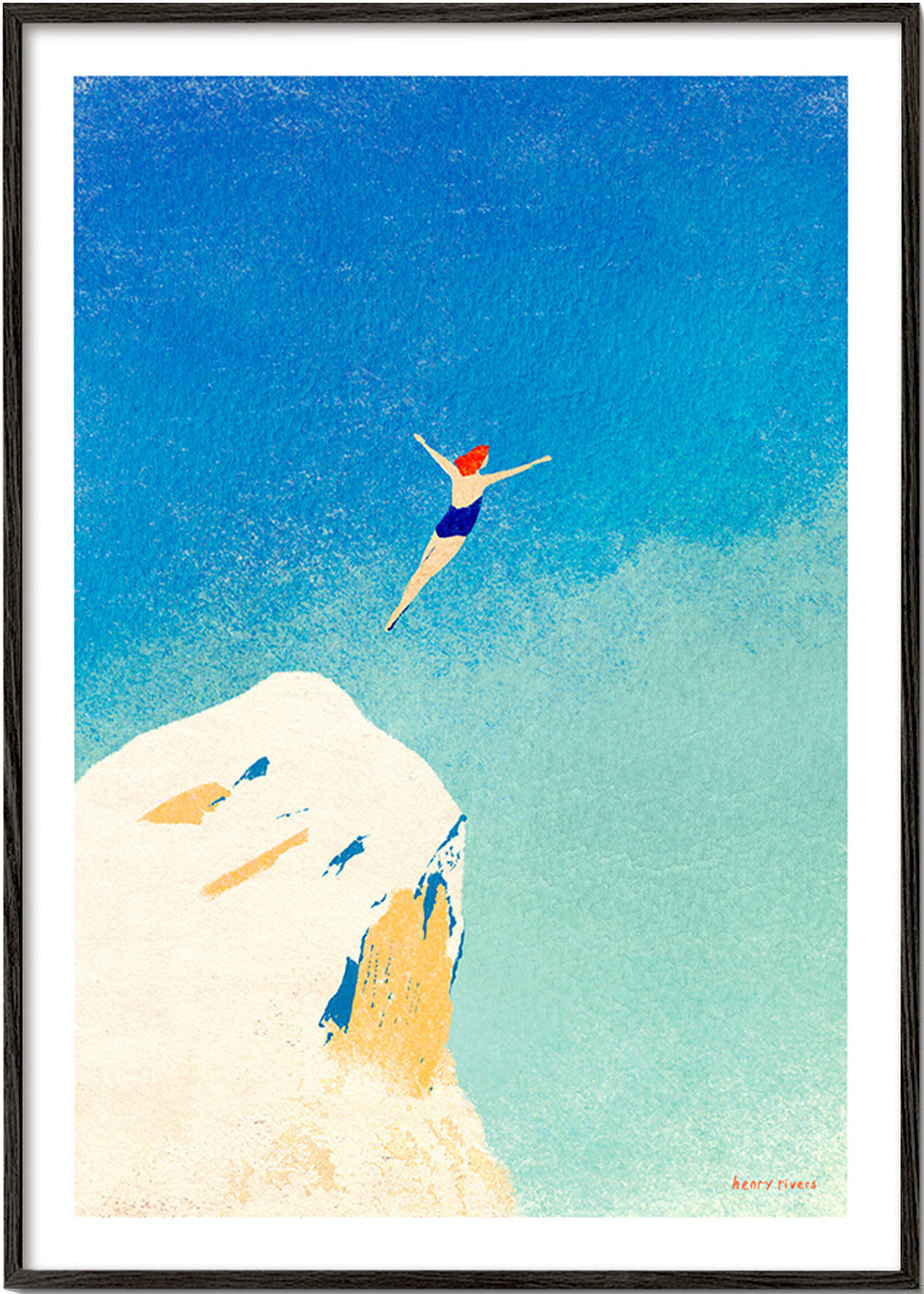 Ilustrace: skok ze skály proti široké modré obloze – Black Frame