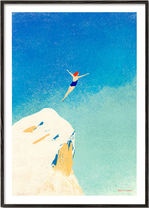 Ilustrace: skok ze skály proti široké modré obloze – Black Frame