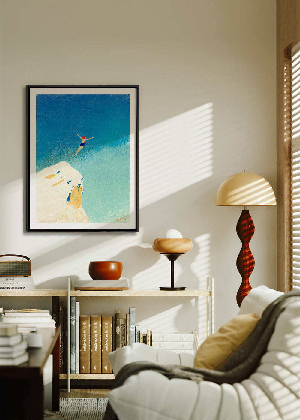 Ilustrace: skok ze skály proti široké modré obloze – Canvas2