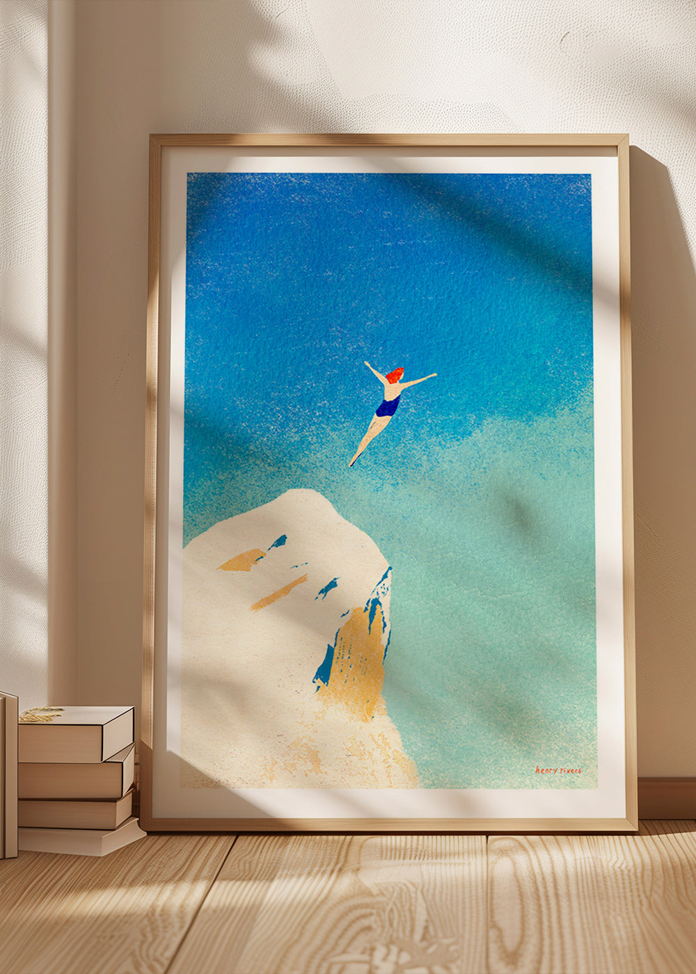 Ilustrace: skok ze skály proti široké modré obloze – Product1