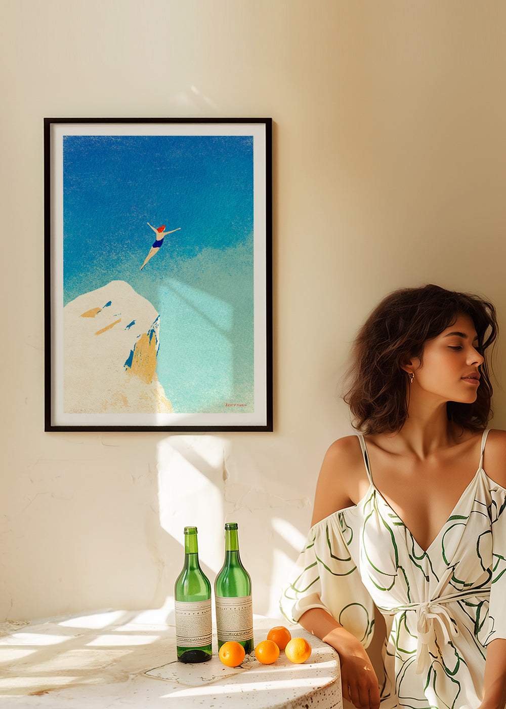 Ilustrace: skok ze skály proti široké modré obloze – Product3