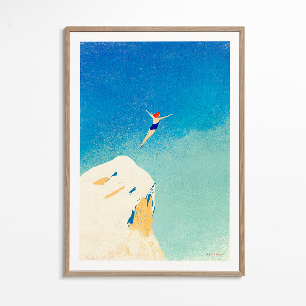 Ilustrace: skok ze skály proti široké modré obloze – Oak Frame