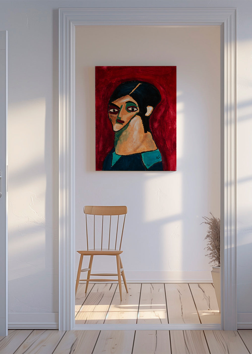 Abstraktní dílo: stylizovaný portrét na tmavě červené