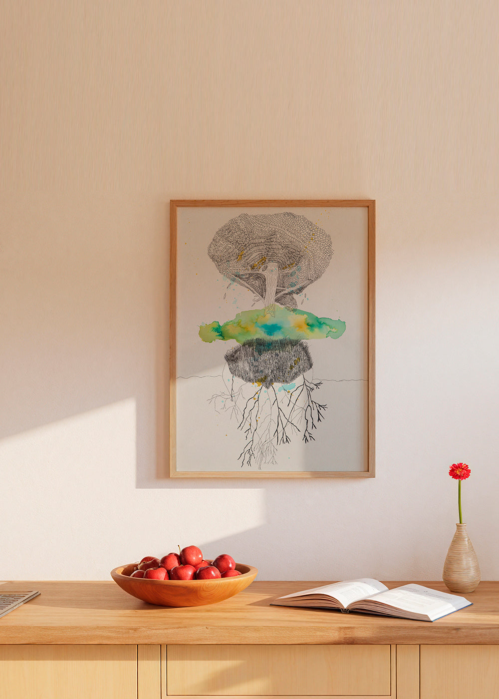 Botanický tisk strom a kořeny inkoust a akvarel – Product1