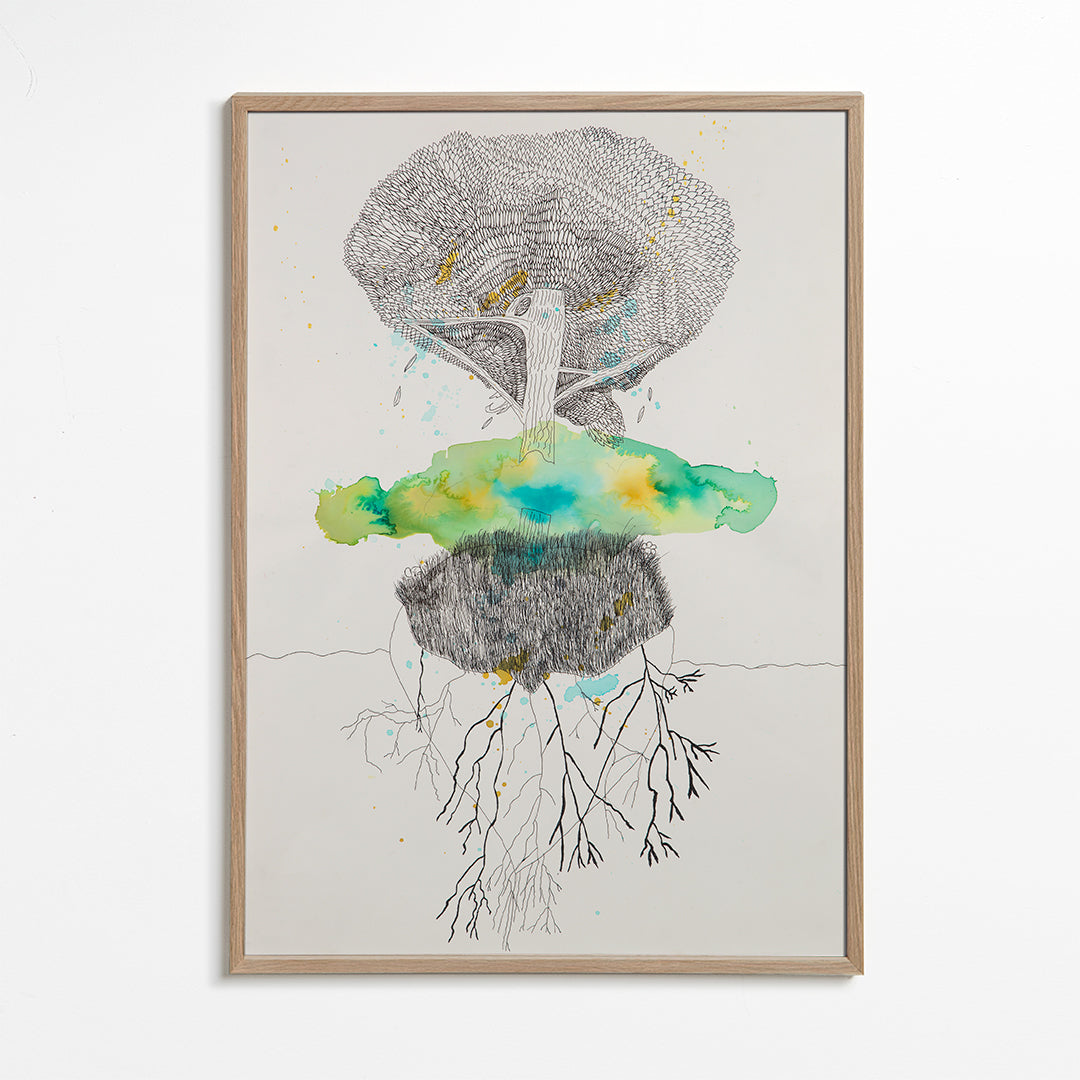 Botanický tisk strom a kořeny inkoust a akvarel – Oak Frame